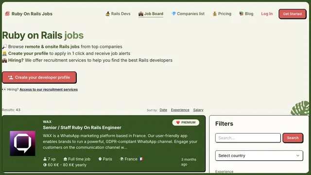 Capture du site web de Ruby on Rails Jobs